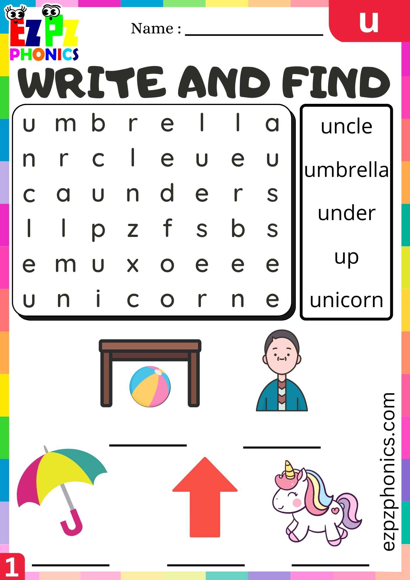 Letter U Write And Find Beginning Sounds Worksheet